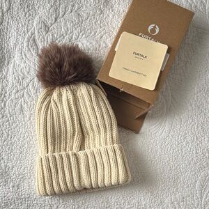Furtalk Cream Knit Beanie with Brown Pom